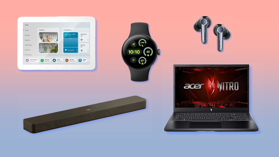 Earfun Air Pro 4, Amazon Echo Hub, Google Pixel Watch 3, Acer Nitro V15 та Soundbar Fire TV Plus з рожевим та синім фоном