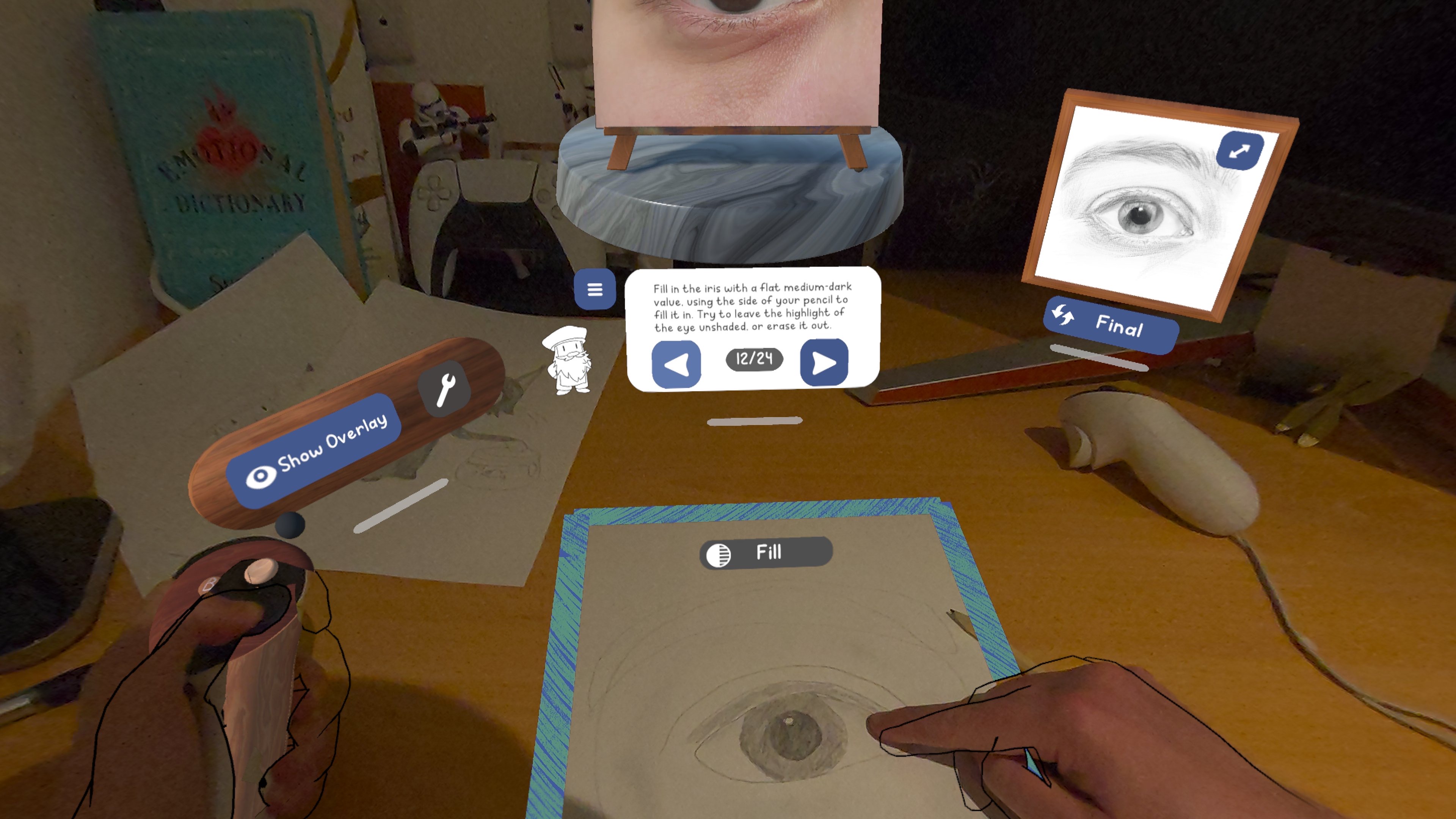 Додаток Meta Quest Paint VR з людиною розмазування та малювання ока на папері