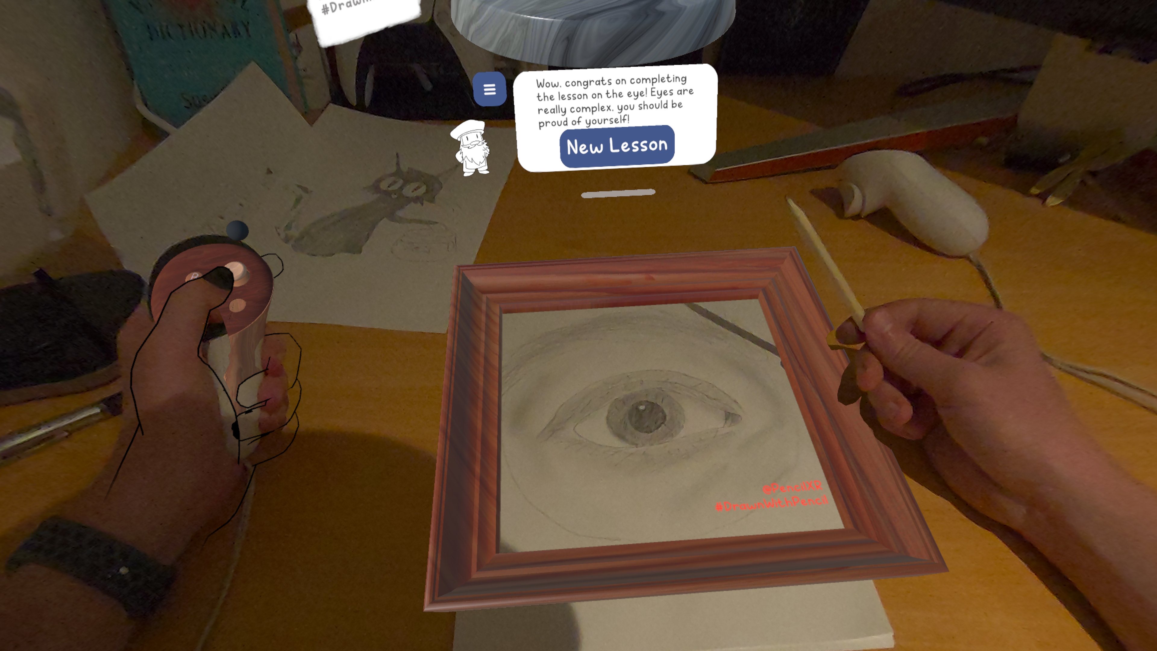 Додаток Meta Quest Paint VR з людиною, що тримає олівець і показує малюнок ока на папері