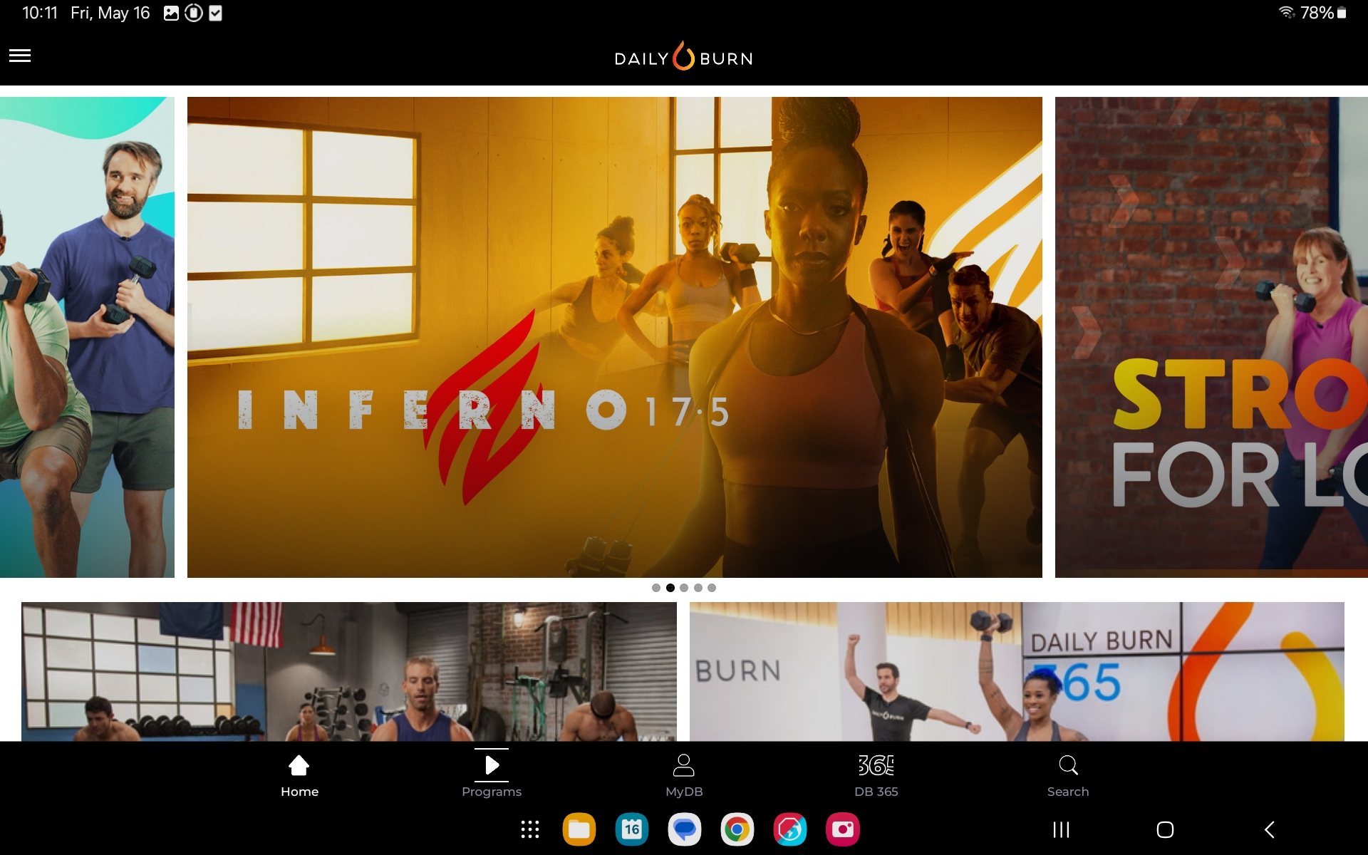 Основна сторінка програми Daily Burn, що містить розпорядку тренувань Inferno