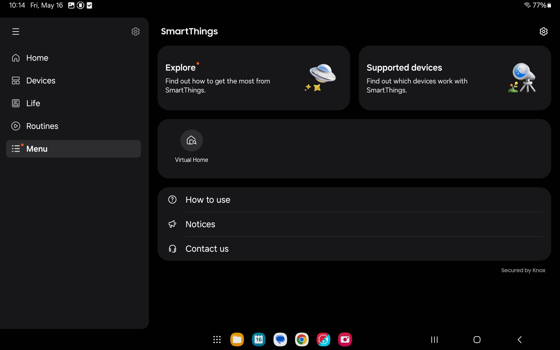 У меню програми SmartThings, що містить варіанти вивчення програми, як ним користуватися та підтримувані пристрої