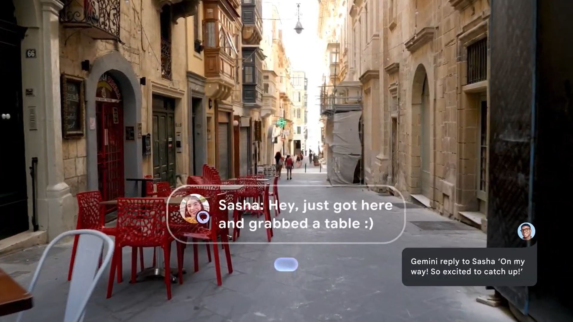 Ще з прикладного відео Android XR про те, як програмне забезпечення буде виглядати на розумних окулярах, показуючи спливаюче вікно Google від Sasha 