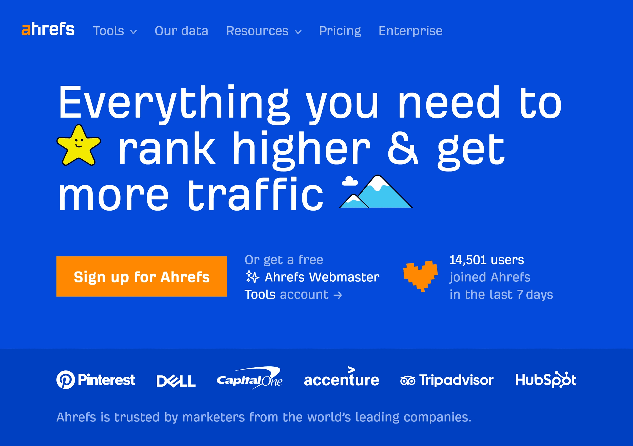   Домашня сторінка Blue та Orange Ahrefs оснащена кількістю користувачів та відомими логотипами клієнтів.