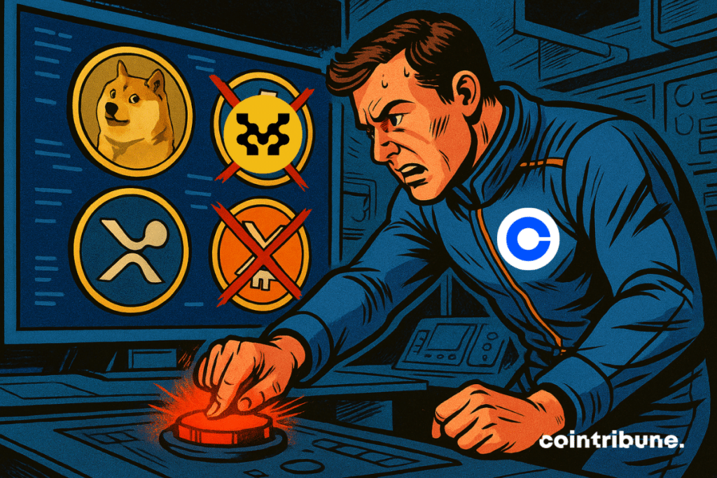 Футуристичний високотехнологічний офіс Coinbase, інтенсивне освітлення, щільний середній план. Стилізований криптовалют, що представляє CornerBase перед екраном.