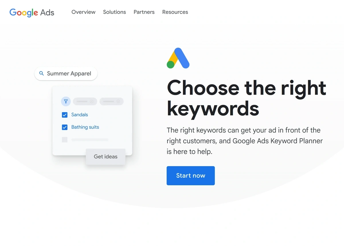 Домашня сторінка планування ключових слів Google "Виберіть правильні ключові слова."