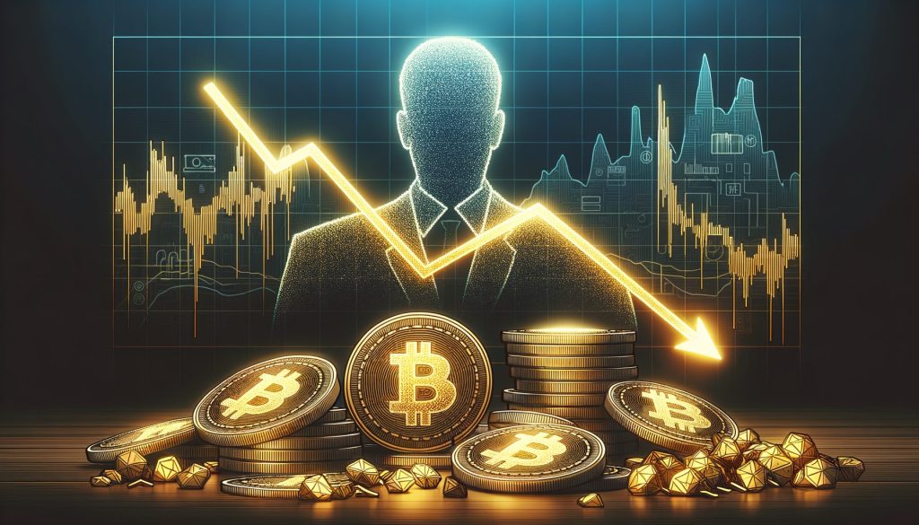 Силует інвесторів з монетами криптовалюти Bitcoin та коливальною діаграмою цін