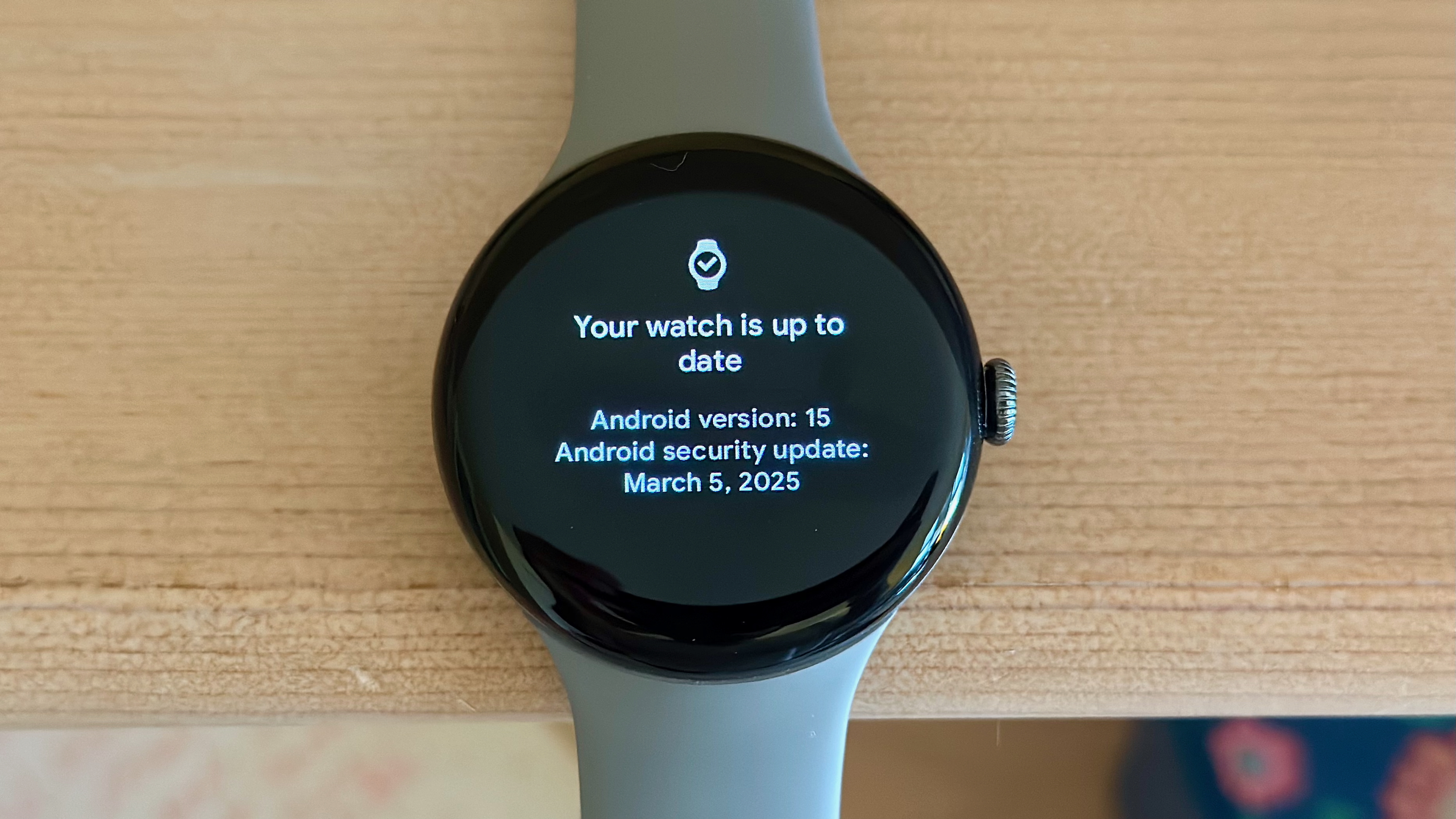 Google Pixel Watch 3 сидить на книжковій полиці, показуючи екран оновлення: 