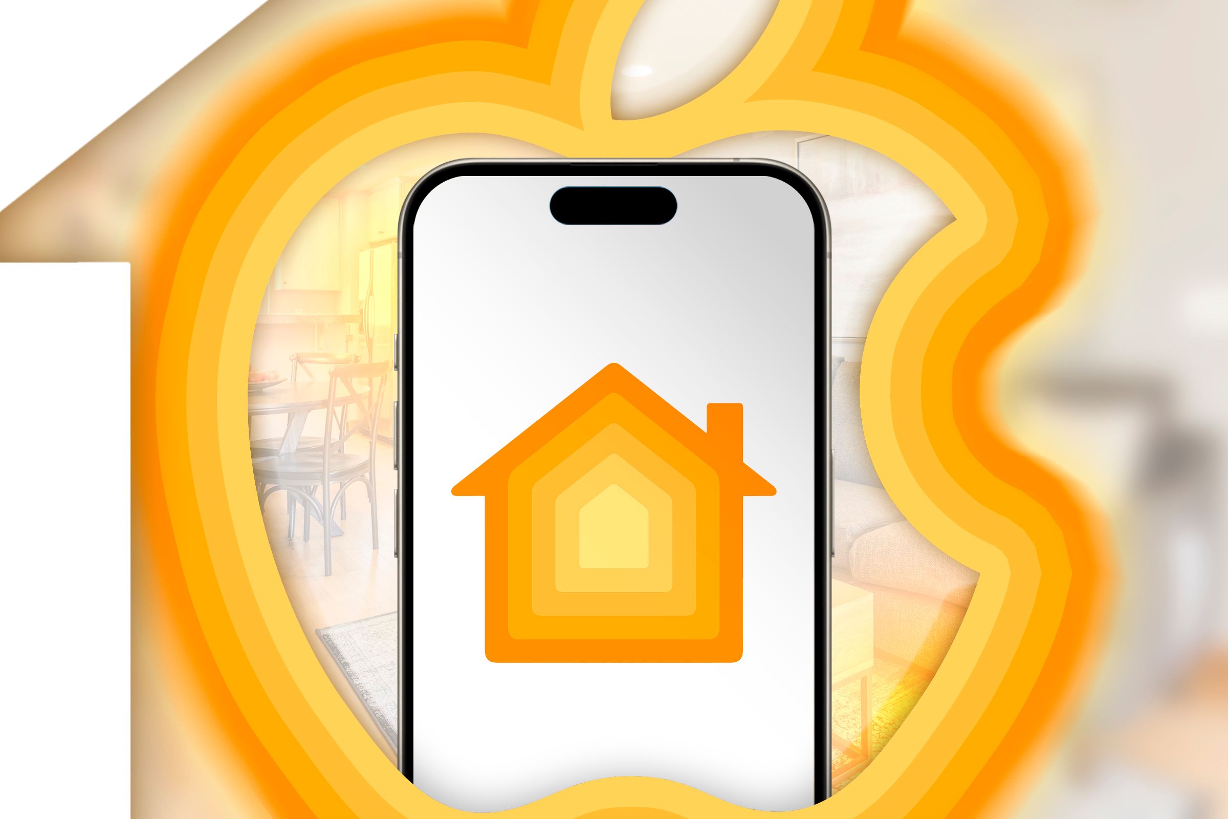 Логотип Apple з iPhone, що виходить з нього, та піктограму Apple Homekit.