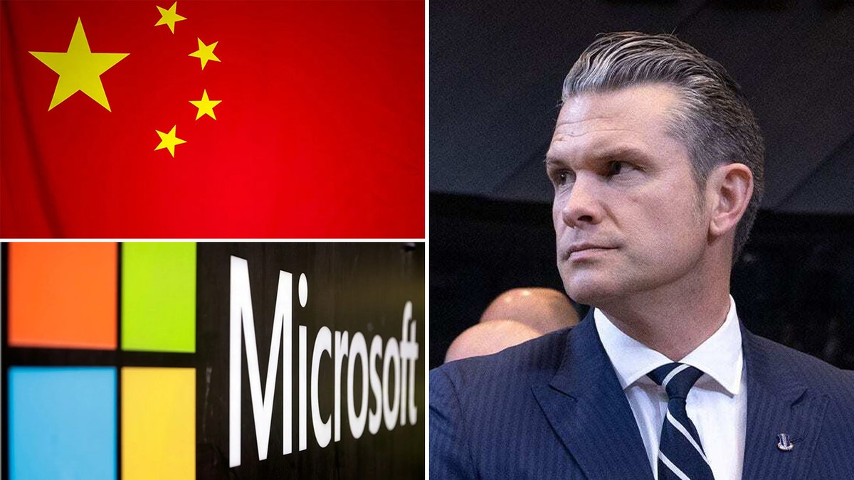 Піт Хегсет, праворуч, з прапором Китаю, логотипом Microsoft зверху ліворуч, внизу ліворуч