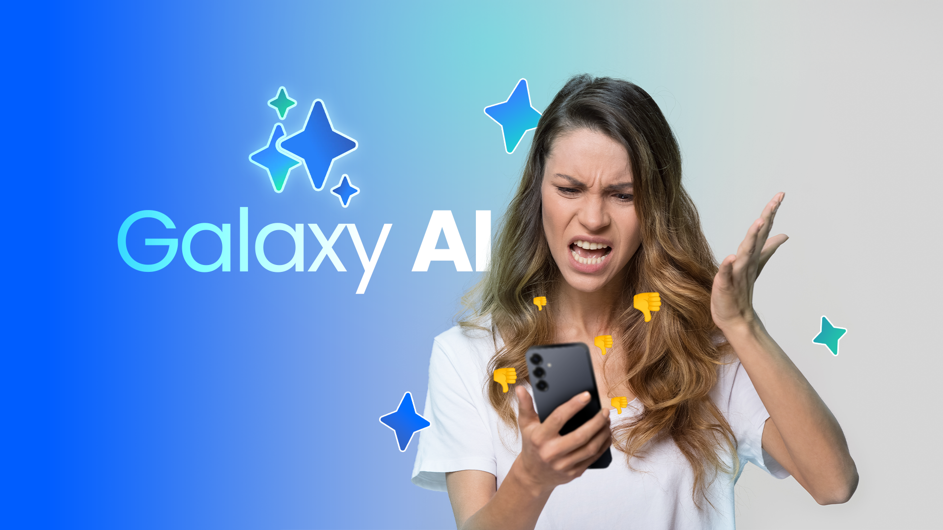 Розлючена жінка, що тримає телефон з логотипом Galaxy AI біля неї