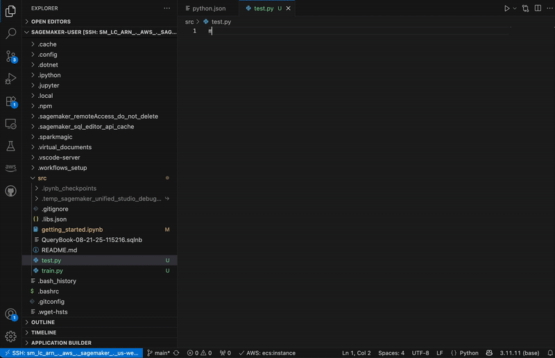 Графіка, що показує, як виконувати обробку даних та навчати роботу Sagemaker AI віддалено у VS -коді за допомогою фрагментів коду