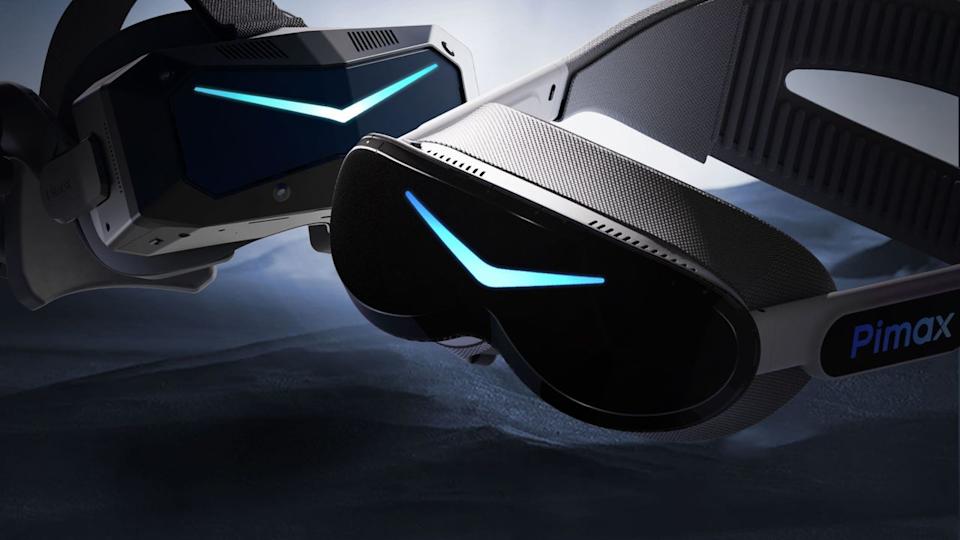 Пімакс Кристал Супер мікро-олієвий та Pimax Crystal Super Micro-Oled VR гарнітури на темному тлі.