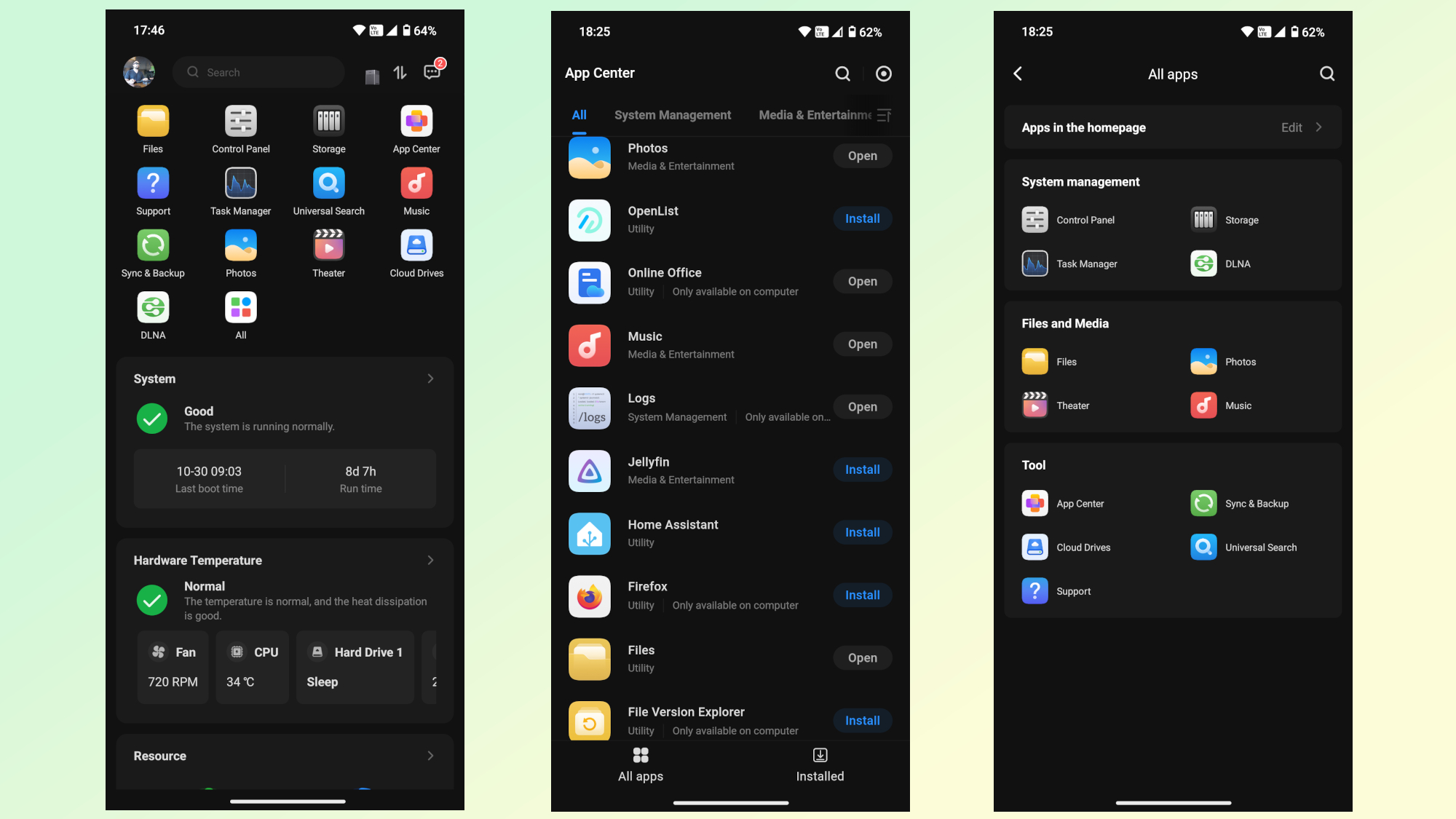 Серія скріншотів, що показують поточні програми, встановлені на NAS-пристрої Ugreen NASync DH4300 Plus, і магазин програм, де можна завантажити нові програми