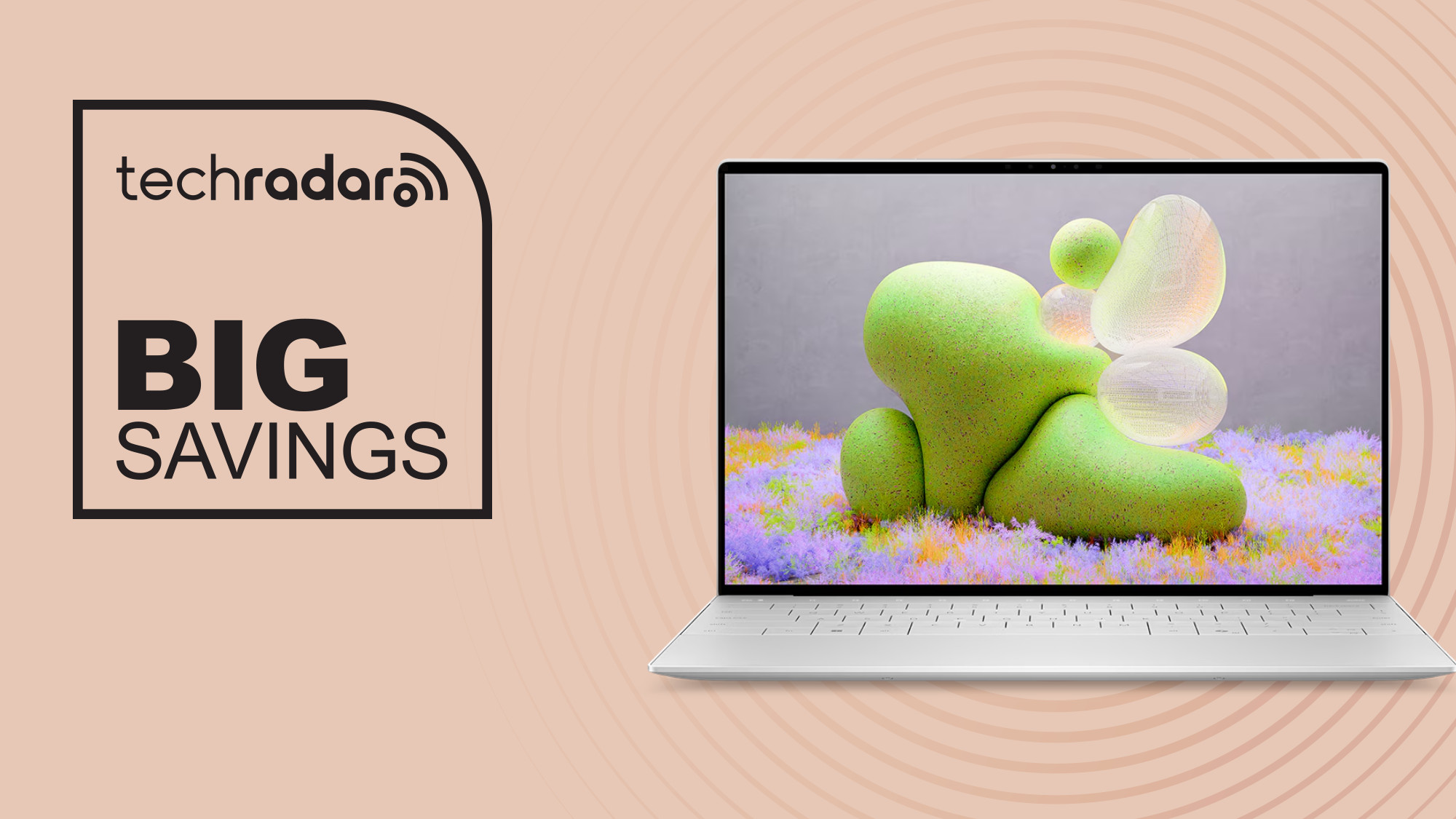 Dell XPS 13 на рожевому тлі з великим текстовим накладенням